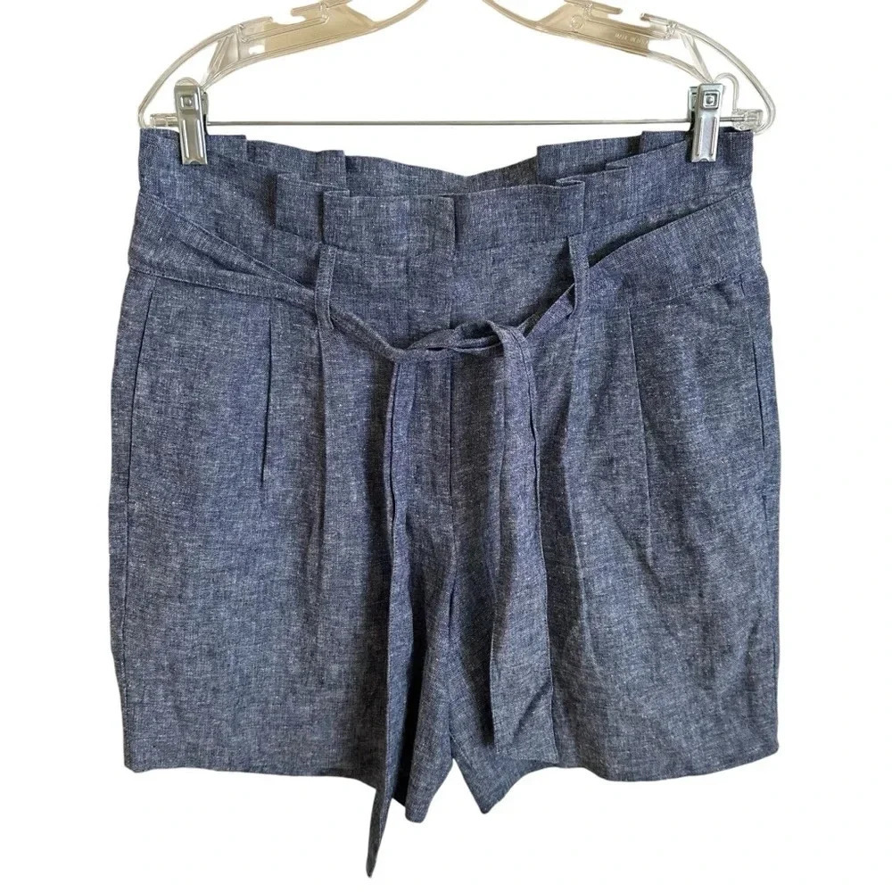 Boden Women US 8 Blue Chambray Paper Bag Waist Belted Shorts Blue 6” Linen Blend